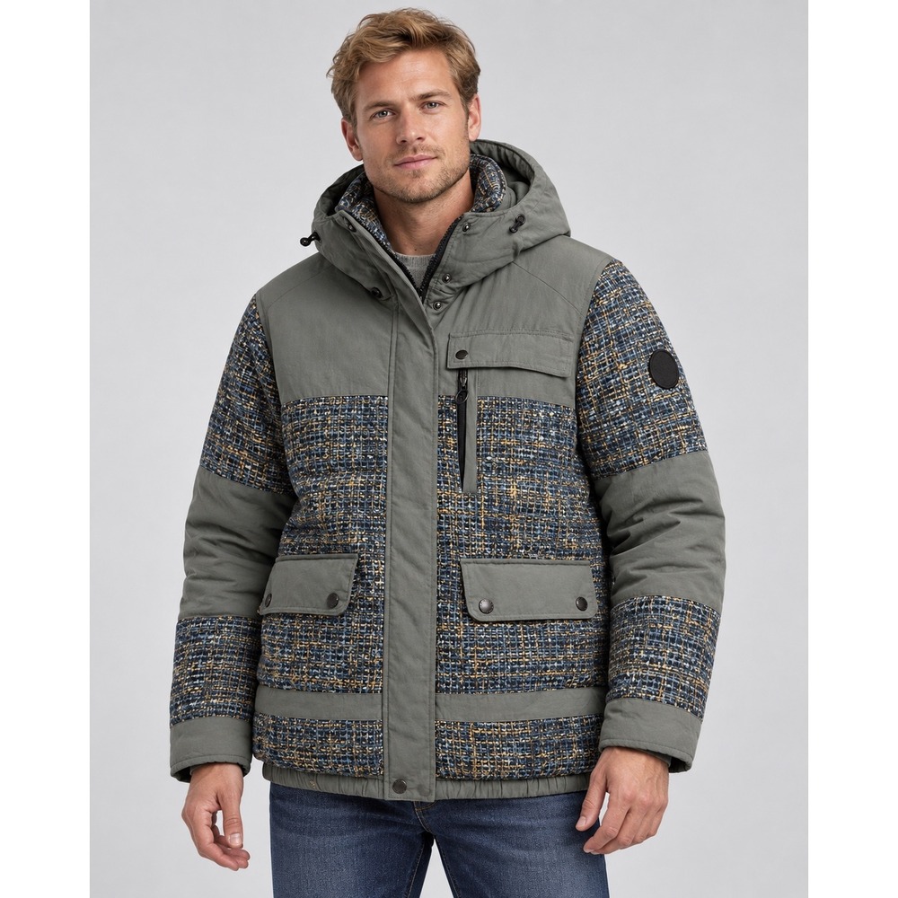 Noize Outerwear Mens Mixed Media Tweed Puffer Jacket Olive Green Blue Medium